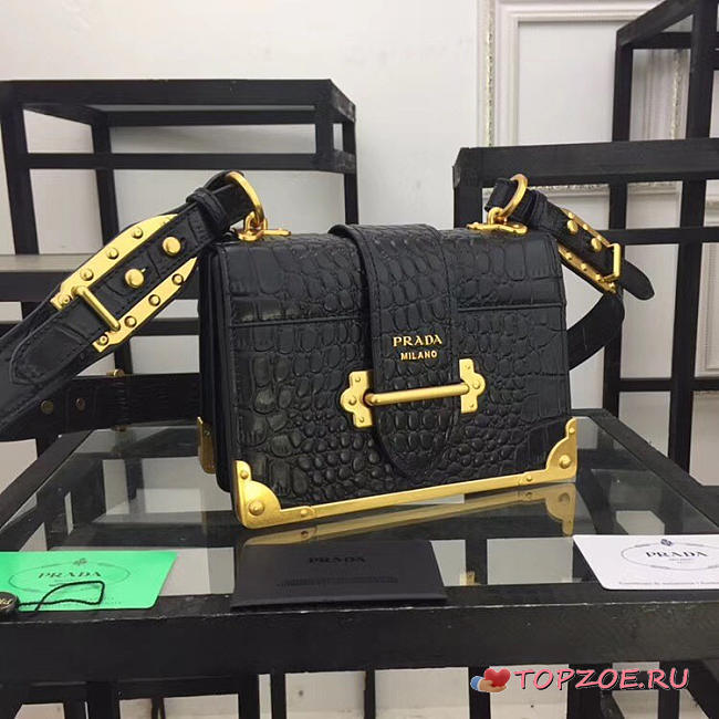 PRADA BLACK CROCODILE AND LEATHER CAHIER SHOULDER BAG 1BA045 - 1