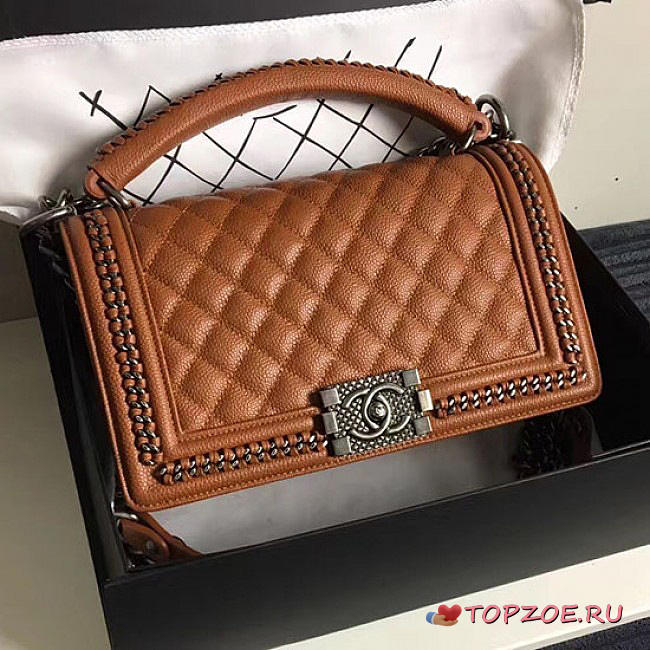 CHANEL CAVIAR GRAINED CALFSKIN BOY BAG WITH TOP HANDLE ORANGE A14041 VS 06715 - 1