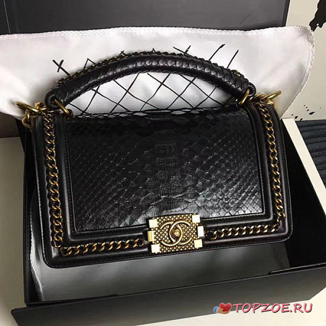 CHANEL SNAKE EMBOSSED BOY BAG WITH TOP HANDLE BLACK GOLD A14041 VS 02449 - 1