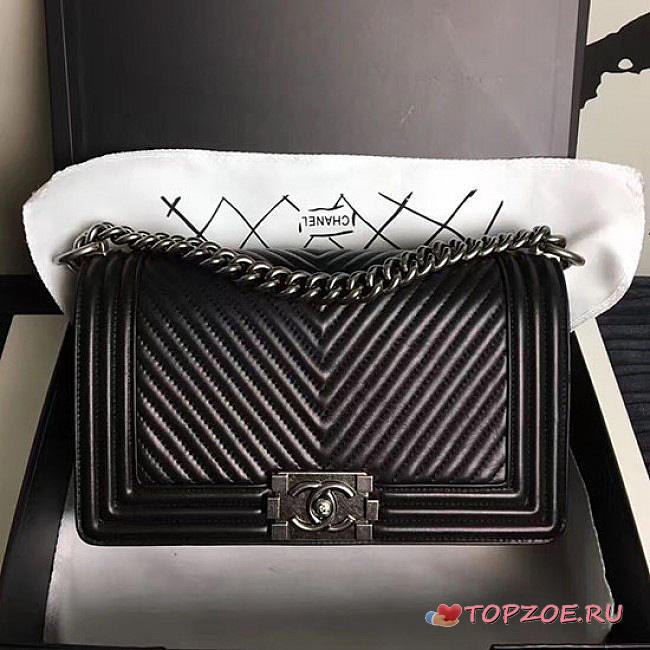 CHANEL MEDIUM CHEVRON LAMBSKIN QUILTED BOY BAG BLACK A13043 VS 03203 - 1