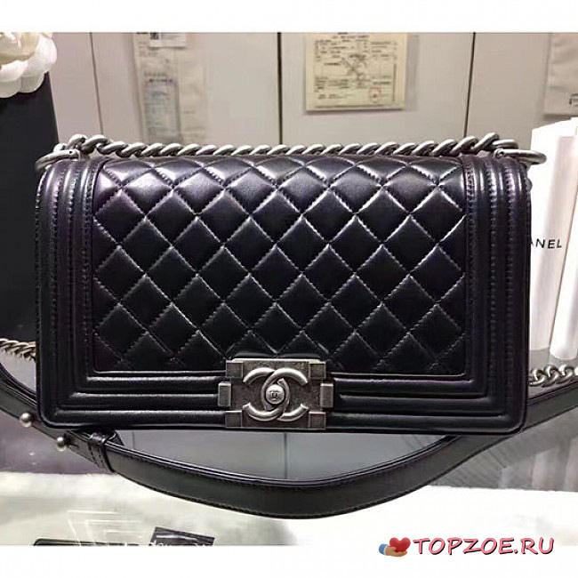 CHANEL QUILTED LAMBSKIN MEDIUM BOY BAG BLACK SILVER HARDWARE A67086 VS 00641 - 1