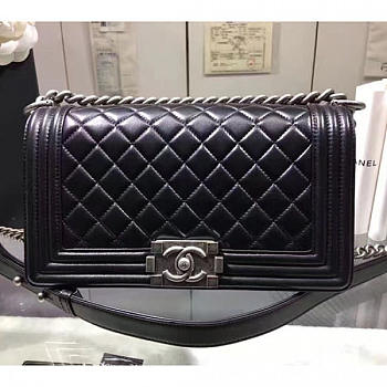 CHANEL QUILTED LAMBSKIN MEDIUM BOY BAG BLACK SILVER HARDWARE A67086 VS 00641