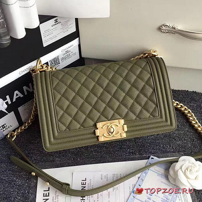 CHANEL QUILTED CAVIAR MEDIUM BOY BAG GREEN A67086 VS 09827 - 1