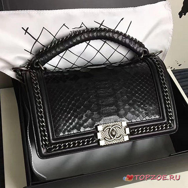 CHANEL SNAKE EMBOSSED BOY BAG WITH TOP HANDLE BLACK SILVER A14041 VS 06643 - 1