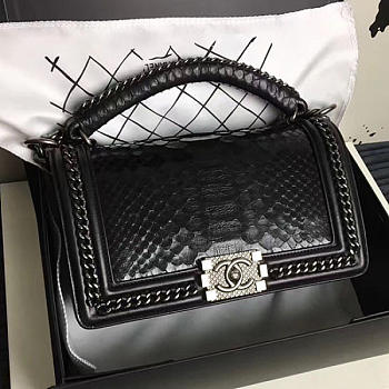CHANEL SNAKE EMBOSSED BOY BAG WITH TOP HANDLE BLACK SILVER A14041 VS 06643