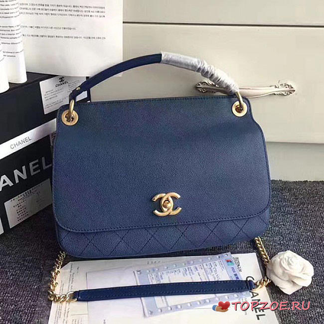 CHANEL GRAINED CALFSKIN LARGE TOP HANDLE FLAP BAG BLUE A93757 VS 02159 - 1