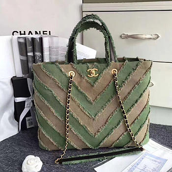 CHANEL CANVAS PATCHWORK CHEVRON LARGE SHOPPING BAG KHAKI 260302 VS 09293