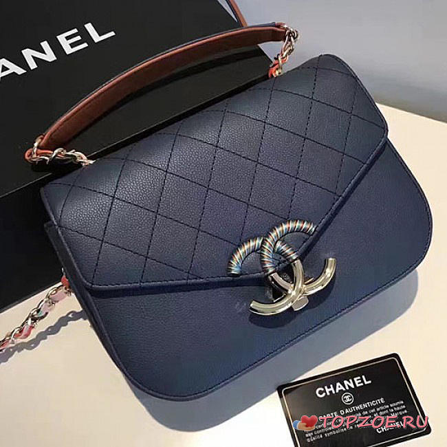 CHANEL GRAINED CALFSKIN FLAP BAG WITH TOP HANDLE BLUE A93633 VS 06142 - 1