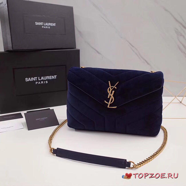 YSL LOULOU MONOGRAM QUILTED VELVET SHOULDER BAG BLUE 4795 - 1