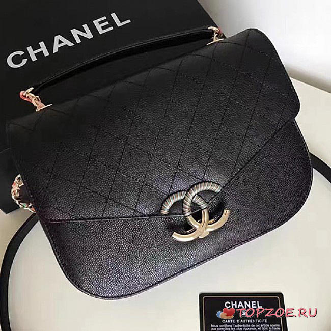CHANEL GRAINED CALFSKIN FLAP BAG WITH TOP HANDLE BLACK A93633 VS 04911 - 1