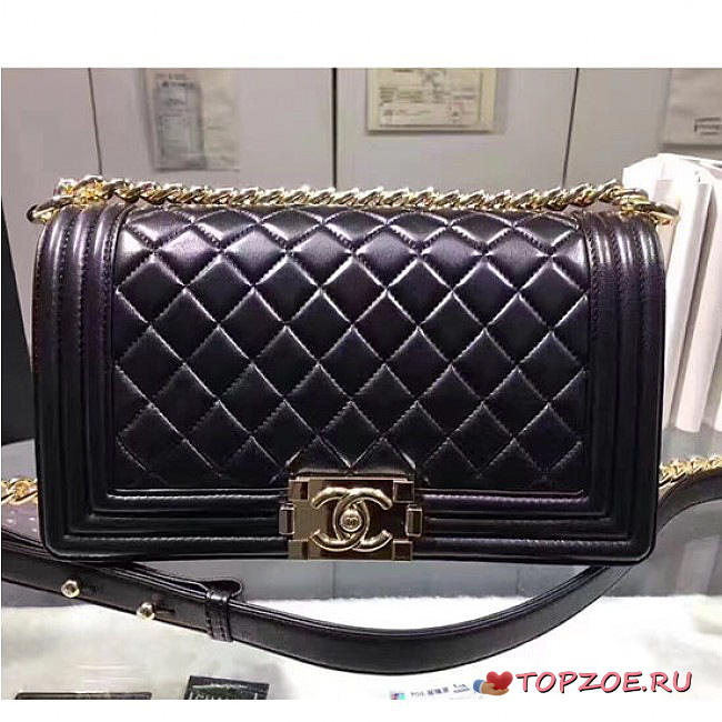 CHANEL QUILTED LAMBSKIN MEDIUM BOY BAG GOLD HARDWARE BLACK A67086 VS 05222 - 1