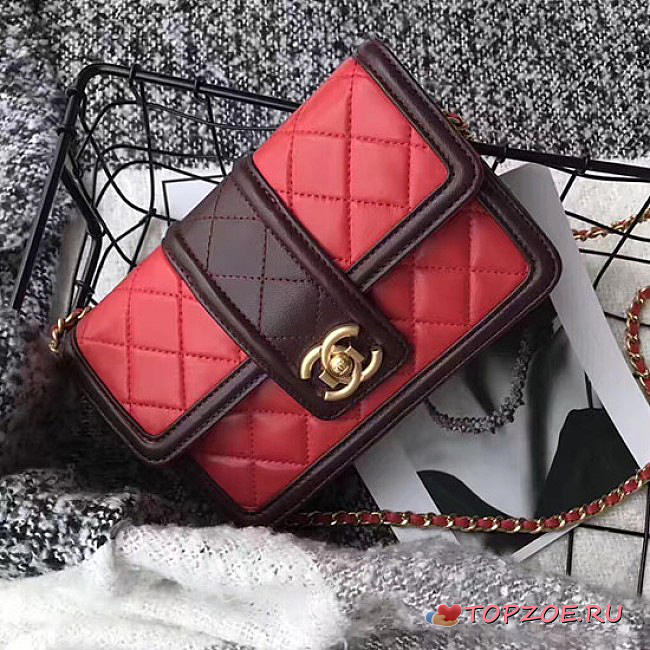 CHANEL LAMBSKIN SMALL WALLET ON CHAIN RED A91365 VS 01732 - 1