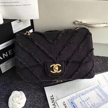 CHANEL BLACK CANVAS PATCHWORK CHEVRON MEDIUM FLAP BAG 040101 VS 02373