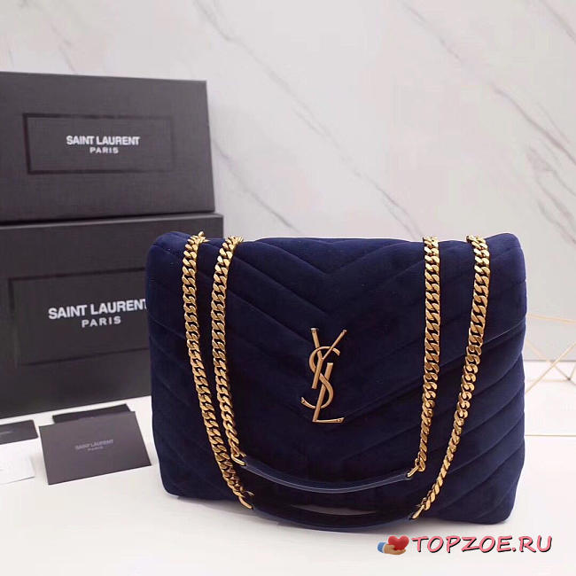 YSL LOULOU MONOGRAM QUILTED VELVET SHOULDER BAG LARGE BLUE 4811 - 1