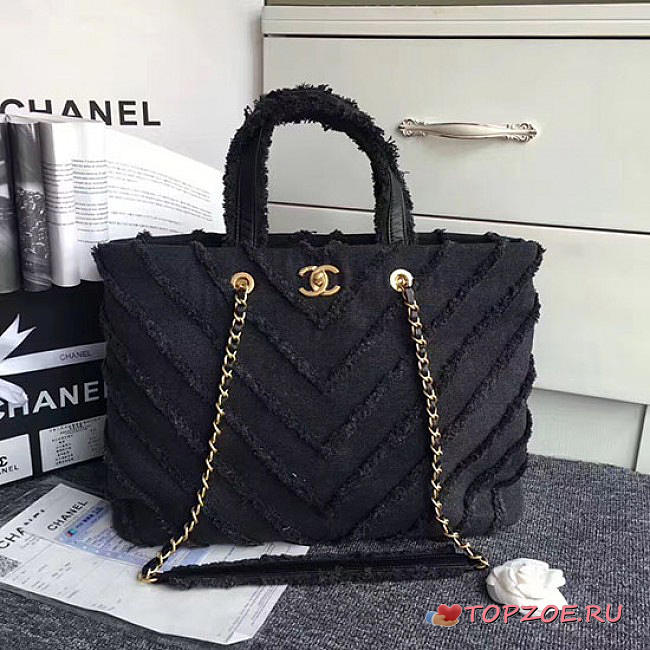 CHANEL CANVAS PATCHWORK CHEVRON LARGE SHOPPING BAG BLACK 260302 VS 02391 - 1