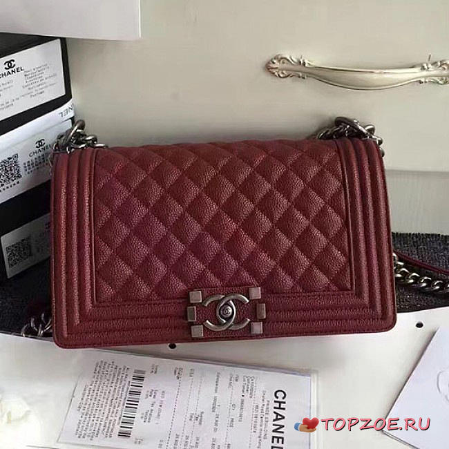CHANEL QUILTED CAVIAR MEDIUM BOY BAG BURGUNDY 180301 VS 07454 - 1
