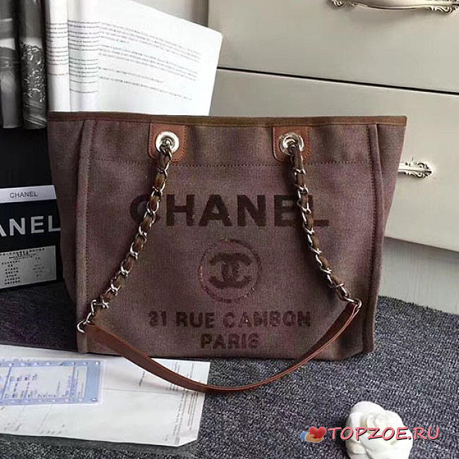 CHANEL CANVAS AND SEQUINS CUBANO TRIP DEAUVILLE SHOPPING BAG BROWN A66941 VS 01172 - 1