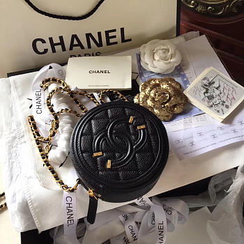 CHANEL CC FILIGREE GRAINED ROUND CLUTCH WITH CHAIN BAG BLACK A1