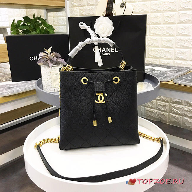 CHANEL NEW DRAWSTRING BUCKET BAG BLACK 20CM - 1