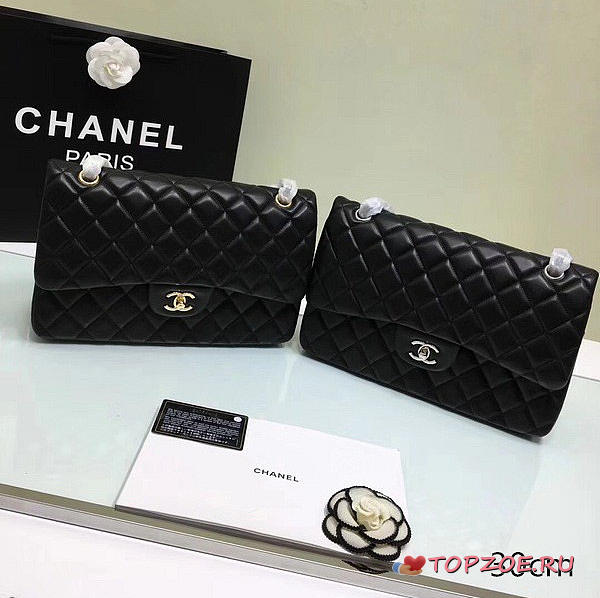 CHANEL LAMBSKIN LEATHER FLAP BAG WITH GOLD/SILVER HARDWARE BLACK 30CM - 1