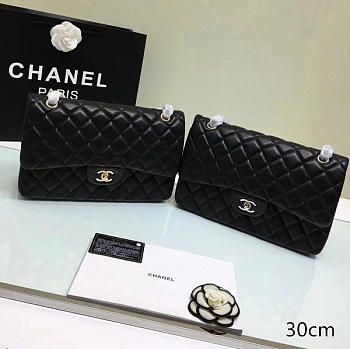 CHANEL LAMBSKIN LEATHER FLAP BAG WITH GOLD/SILVER HARDWARE BLACK 30CM
