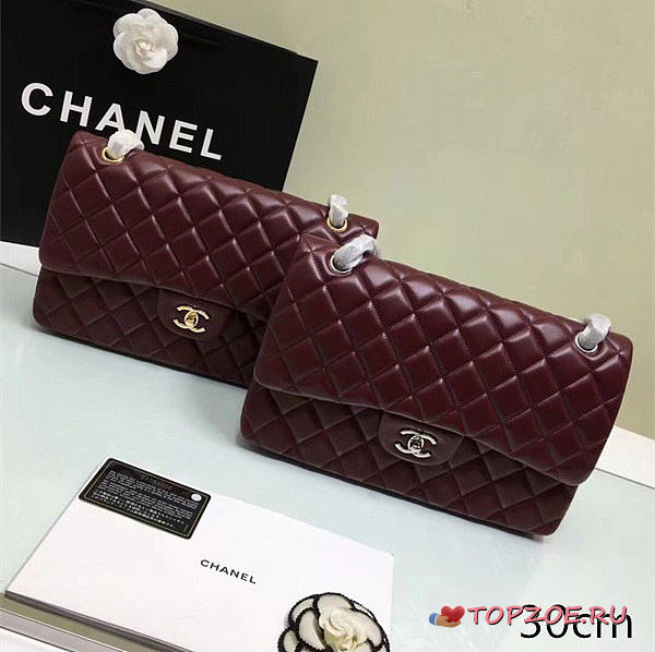 CHANEL LAMBSKIN LEATHER FLAP BAG WINE RED GOLD/SILVER 30CM - 1
