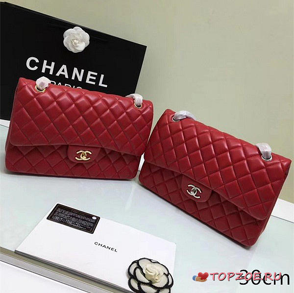 CHANEL LAMBSKIN LEATHER FLAP BAG GOLD/SILVER RED 30CM - 1
