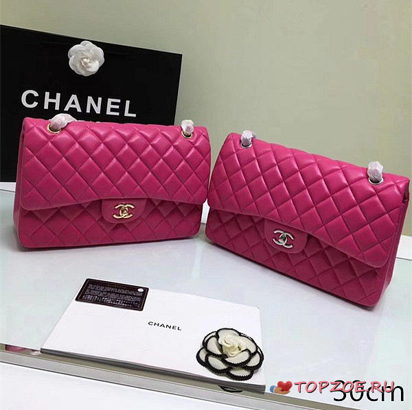 CHANEL LAMBSKIN LEATHER FLAP BAG GOLD/SILVER ROSE RED 30CM - 1