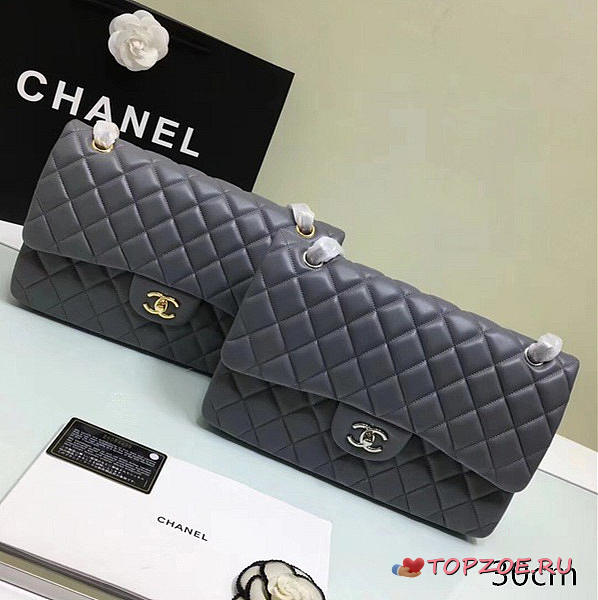 CHANEL LAMBSKIN LEATHER FLAP BAG GOLD/SILVER GREY 30CM - 1