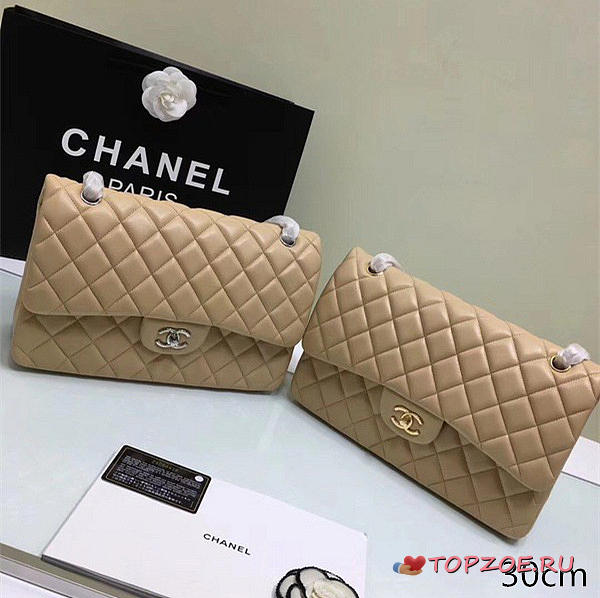 CHANEL LAMBSKIN LEATHER FLAP BAG GOLD/SILVER BEIGE LARGE 30CM - 1