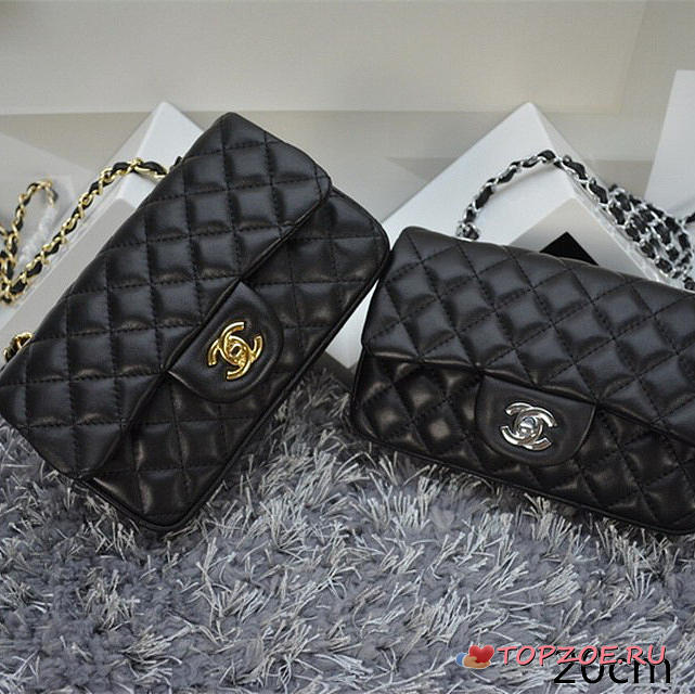CHANEL LAMBSKIN LEATHER FLAP BAG WITH GOLD/SILVER HARDWARE BLACK 20CM - 1