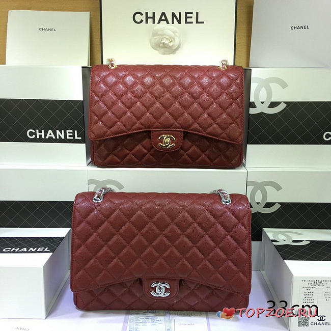 CHANEL CAVIAR LEATHER FLAP BAG GOLD/SILVER MAROON RED 33CM - 1