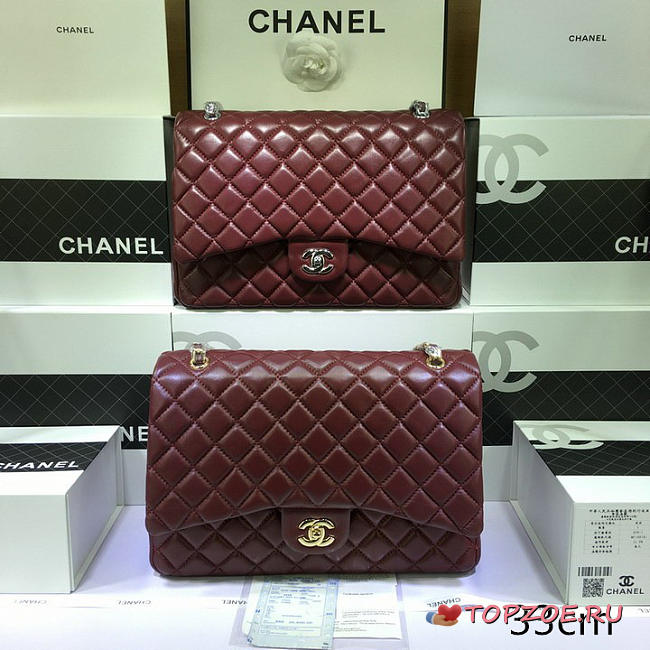 CHANEL LAMBSKIN LEATHER FLAP BAG WITH GOLD/SILVER HARDWARE MAROON RED 33CM - 1