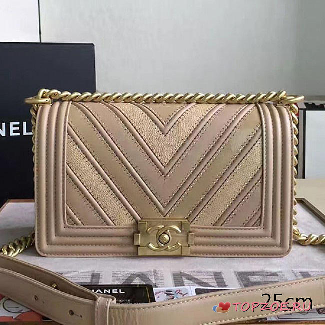 CHANEL CHEVRON QUILTED MEDIUM BOY BAG BEIGE A67086 VS 03308 - 1