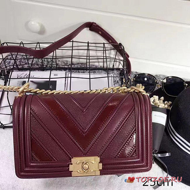 CHANEL CHEVRON QUILTED MEDIUM BOY BAG BURGUNDY A67086 VS 06664 - 1