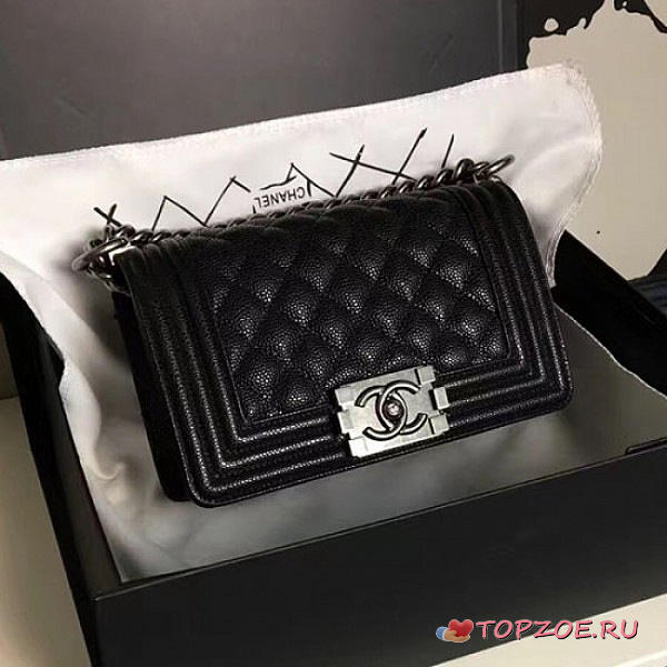 CHANEL SMALL QUILTED CAVIAR BOY BAG BLACK SILVER A13043 VS 03258 - 1