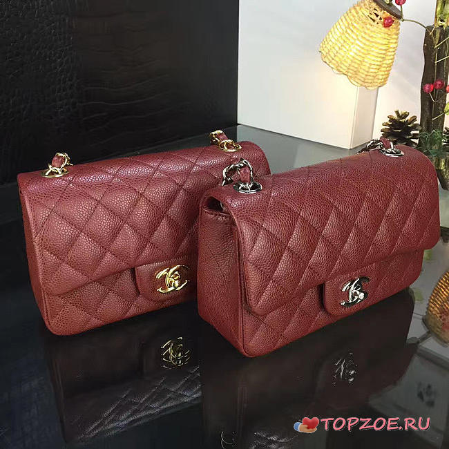 CHANEL CLASSIC FLAP BAG BURGUNDY CAVIAR LEATHER 20CM RED - 1