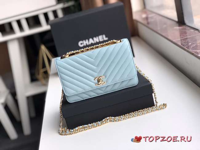 CHANEL LAMB SKIN V-TYPE CHAIN BAG BLUE - 1