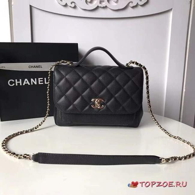 CHANEL FLAP BAG WITH TOP HANDLE GRAINED CALFSKIN & GOLD-TONE METAL BLACK - 1