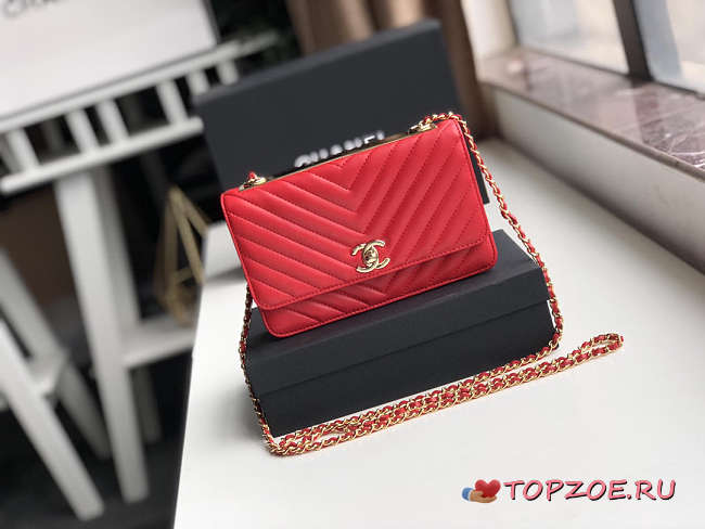 CHANEL LAMB SKIN V-TYPE CHAIN BAG RED - 1