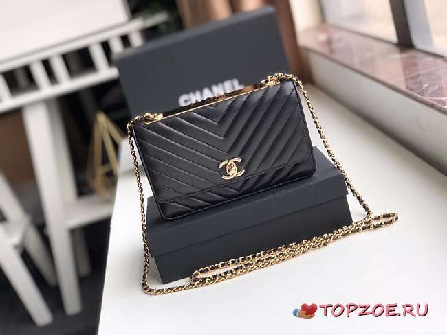 CHANEL LAMB SKIN V-TYPE CHAIN BAG BLACK - 1