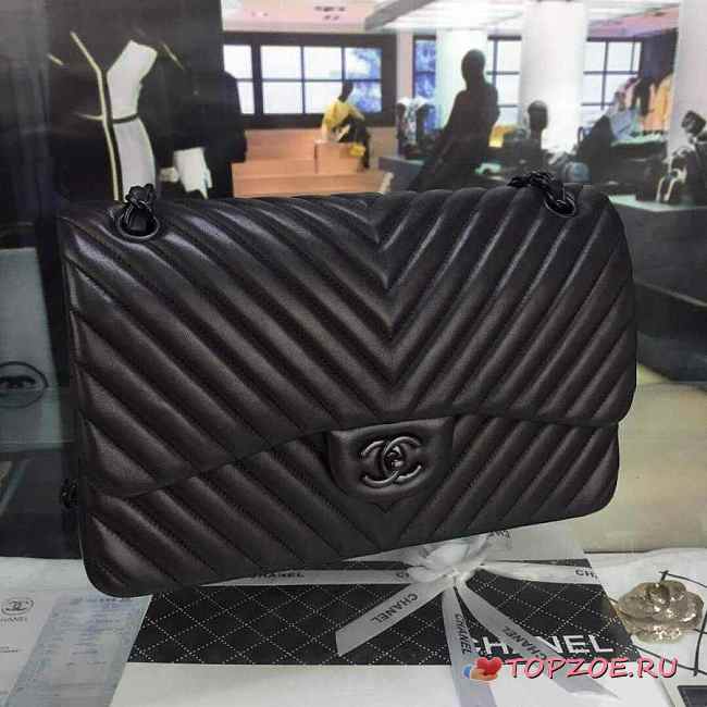 CHANEL LAMBSKIN CHEVRON QUILTED 30CM FLAP BLACK BAG - 1
