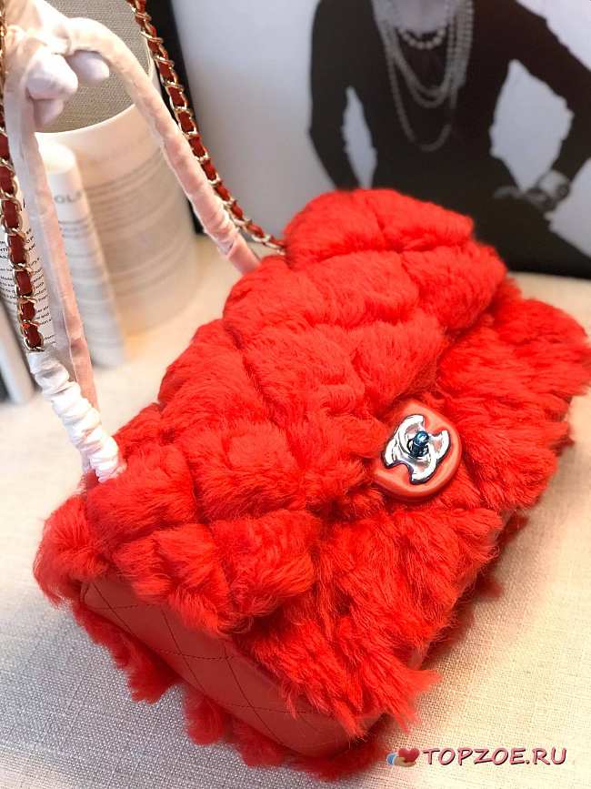 CHANEL NEW STYLE LAMB HAIR FLIP BAG RED - 1