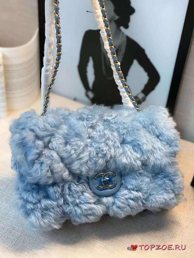 CHANEL NEW STYLE LAMB HAIR FLIP BAG BLUE - 1