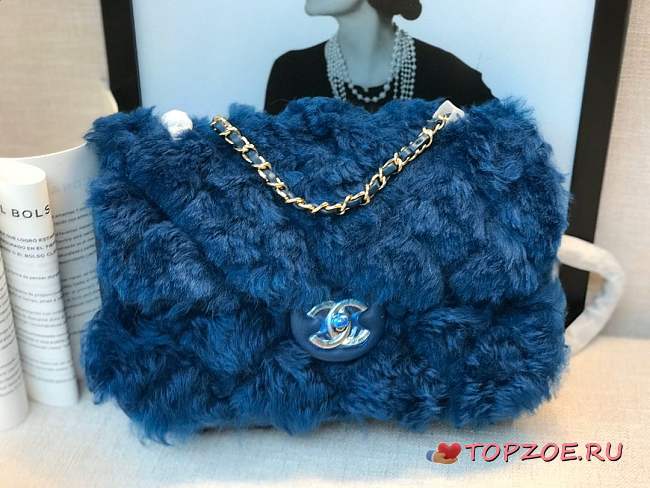 CHANEL NEW STYLE LAMB HAIR FLIP BAG DARK BLUE - 1
