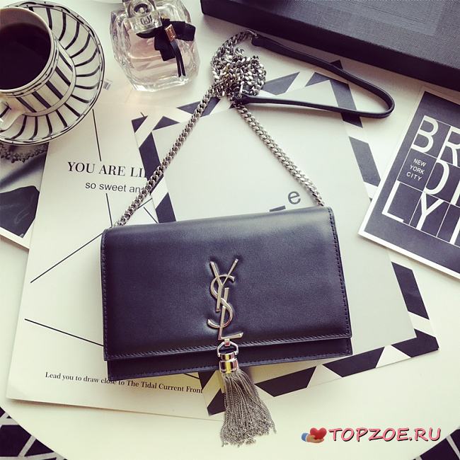 YSL KATE TASSEL CHAIN WALLET IN SMOOTH LEATHER SILVER 452159 SIZE 19x12.5x4 CM - 1