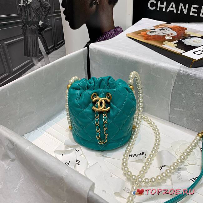CHANEL MINI DRAWSTRING BAG TEAL BLUE 12CM - 1