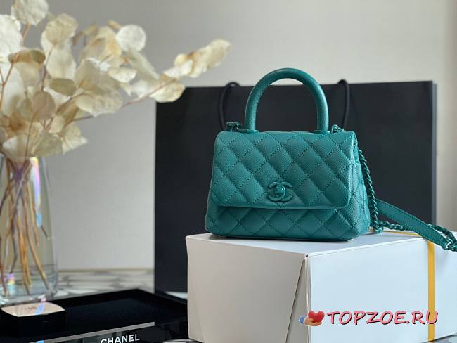 CHANEL MINI FLAP BAG WITH TOP HANDLE TEAL BLUE A93749 SIZE 13 × 19 × 9 CM - 1