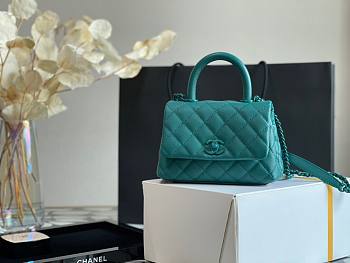 CHANEL MINI FLAP BAG WITH TOP HANDLE TEAL BLUE A93749 SIZE 13 × 19 × 9 CM