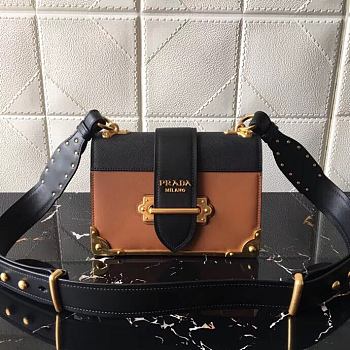 PRADA LEATHER PRADA CAHIER BAG BLACK/BROWN 1BD045 SIZE 20 x 14 x 8.5 CM